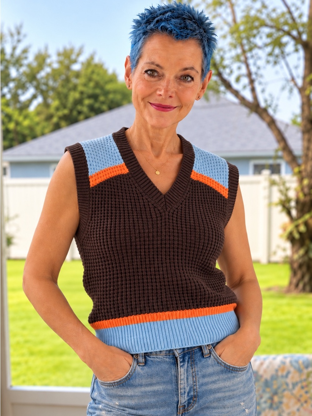 Marni Uniqlo V-Neck Knit Vest Colorblock Brown Blue Orange Size S